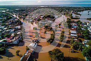 Aerial drone view of flooded homes during flood event - AI Generated