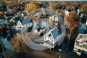 Aerial drone view of flooded homes during flood event - AI Generated