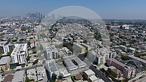 Aerial Drone View Footage Flying toward LA Downtown Los Angeles from Western Ave and Olympic Blvd