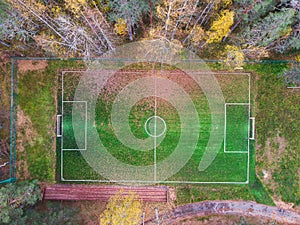 Aerial drone view of football soccer pitch field, green grass fall autumn vibrant pitch playground with fallen multicolored leaves