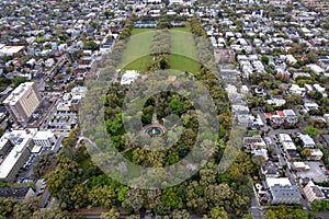 Aerial drone view of Forsythe Park in Savannah, Georgia
