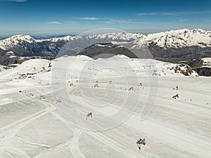 Aerial drone view of French Alps Mountains glacier near Grenoble. Europe alps in winter. Les deux alpes resort. Winter mountains