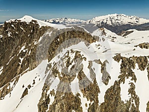 Aerial drone view of French Alps Mountains glacier near Grenoble. Europe alps in winter. Les deux alpes resort. Winter mountains