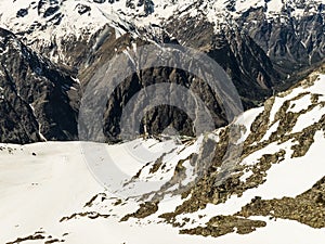 Aerial drone view of French Alps Mountains glacier near Grenoble. Europe alps in winter. Les deux alpes resort. Winter mountains