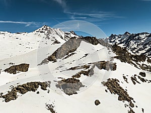 Aerial drone view of French Alps Mountains glacier near Grenoble. Europe alps in winter. Les deux alpes resort. Winter mountains