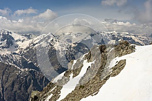 Aerial drone view of French Alps Mountains glacier near Grenoble. Europe alps in winter. Les deux alpes resort. Winter mountains