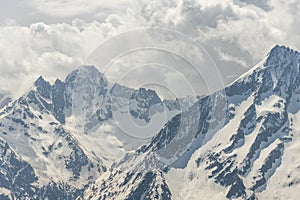 Aerial drone view of French Alps Mountains glacier near Grenoble. Europe alps in winter. Les deux alpes resort. Winter mountains