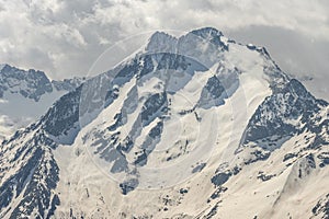 Aerial drone view of French Alps Mountains glacier near Grenoble. Europe alps in winter. Les deux alpes resort. Winter mountains