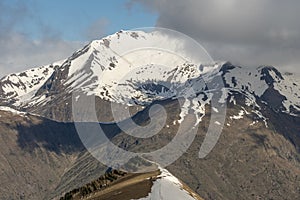 Aerial drone view of French Alps Mountains glacier near Grenoble. Europe alps in winter. Les deux alpes resort. Winter mountains