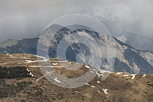 Aerial drone view of French Alps Mountains glacier near Grenoble. Europe alps in winter. Les deux alpes resort. Winter mountains