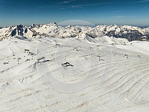 Aerial drone view of French Alps Mountains glacier near Grenoble. Europe alps in winter. Les deux alpes resort. Winter mountains