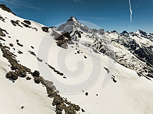 Aerial drone view of French Alps Mountains glacier near Grenoble. Europe alps in winter. Les deux alpes resort. Winter mountains