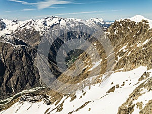 Aerial drone view of French Alps Mountains glacier near Grenoble. Europe alps in winter. Les deux alpes resort. Winter mountains