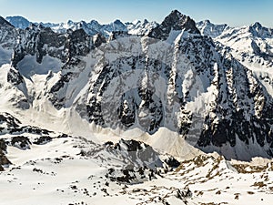 Aerial drone view of French Alps Mountains glacier near Grenoble. Europe alps in winter. Les deux alpes resort. Winter mountains photo