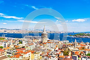 Aerial drone view of Galata Tower with cruise liner in Istanbul, Turkey. Summer sunny day