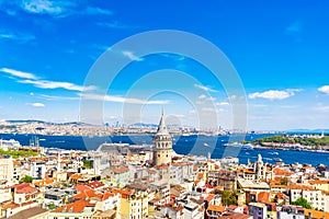 Aerial drone view of Galata Tower in Istanbul, Turkey. Summer sunny day