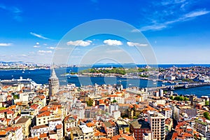 Aerial drone view of Galata Tower in Istanbul, Turkey. Summer sunny day