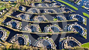 Aerial drone view geometric pattern of water houses, marina, yachts Marina Park Lemmer Netherlands