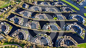 Aerial drone view geometric pattern of water houses, marina, yachts Marina Park Lemmer Netherlands