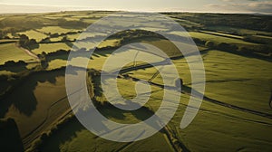 Aerial drone view of green agriculture fields and farmland