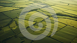 Aerial drone view of green agriculture fields and farmland