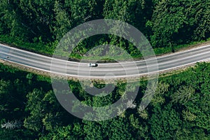 Aerial drone view of green forest with curved road