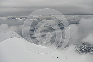 Aerial drone view of Gudauri ski resort in winter. Caucasus mountains in Georgia. Kudebi, Bidara, Sadzele, Kobi aerial panorama