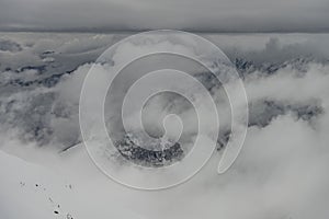 Aerial drone view of Gudauri ski resort in winter. Caucasus mountains in Georgia. Kudebi, Bidara, Sadzele, Kobi aerial panorama