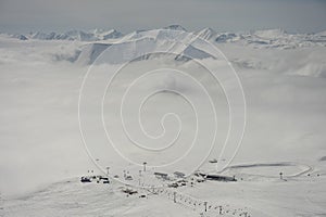 Aerial drone view of Gudauri ski resort in winter. Caucasus mountains in Georgia. Kudebi, Bidara, Sadzele, Kobi aerial panorama