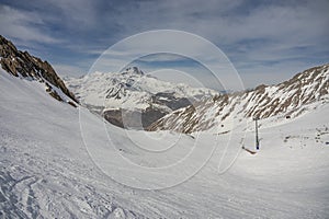 Aerial drone view of Gudauri ski resort in winter. Caucasus mountains in Georgia. Kudebi, Bidara, Sadzele, Kobi aerial panorama