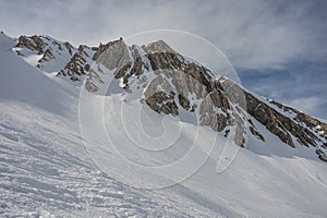 Aerial drone view of Gudauri ski resort in winter. Caucasus mountains in Georgia. Kudebi, Bidara, Sadzele, Kobi aerial panorama