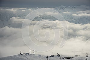 Aerial drone view of Gudauri ski resort in winter. Caucasus mountains in Georgia. Kudebi, Bidara, Sadzele, Kobi aerial panorama