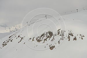 Aerial drone view of Gudauri ski resort in winter. Caucasus mountains in Georgia. Kudebi, Bidara, Sadzele, Kobi aerial panorama