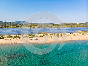 Aerial drone view of Halikounas Beach and Lake Korission, Corfu island, Ionian Sea, Greece