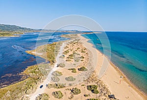 Aerial drone view of Halikounas Beach and Lake Korission, Corfu island, Ionian Sea, Greece