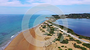 Aerial drone view of Halikounas Beach and Lake Korission, Corfu island, Ionian Sea, Greece. Halikounas Beach, Corfu Island. View