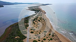 Aerial drone view of Halikounas Beach and Lake Korission, Corfu island, Ionian Sea, Greece. Halikounas Beach, Corfu Island. View