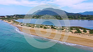 Aerial drone view of Halikounas Beach and Lake Korission, Corfu island, Ionian Sea, Greece. Halikounas Beach, Corfu Island. View