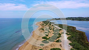 Aerial drone view of Halikounas Beach and Lake Korission, Corfu island, Ionian Sea, Greece. Halikounas Beach, Corfu Island. View