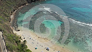 Aerial drone view of Hanauma Bay nature preserve on Oahu, Hawaii