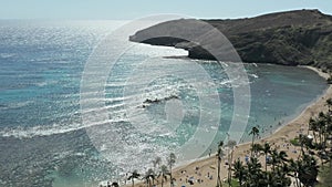 Aerial drone view of Hanauma Bay nature preserve on Oahu, Hawaii