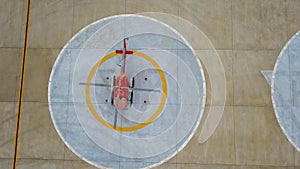 Aerial drone view of helipad sign. Helicopter helipad. helicopter helipad on the concrete surface with letter H view