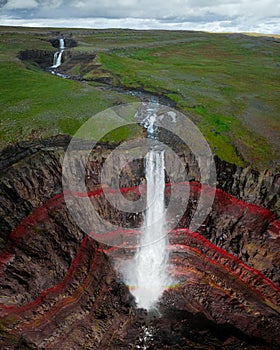 Aerial drone view of Hengifoss waterfall, Iceland