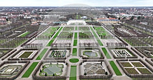 Aerial drone view on the Herrenhauser Gardens in Hannover, Germany. Aerial drone view.