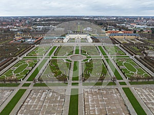 Aerial drone view on the Herrenhauser Gardens in Hannover, Germany. Aerial drone view.