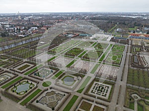 Aerial drone view on the Herrenhauser Gardens in Hannover, Germany. Aerial drone view.