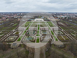 Aerial drone view on the Herrenhauser Gardens in Hannover, Germany. Aerial drone view.