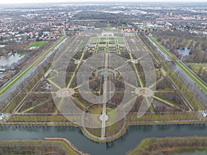 Aerial drone view on the Herrenhauser Gardens in Hannover, Germany. Aerial drone view.