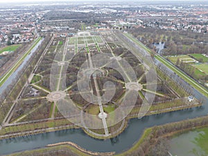 Aerial drone view on the Herrenhauser Gardens in Hannover, Germany. Aerial drone view.