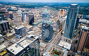 Aerial drone view high above Austin Texas Skyline Cityscape new modern skyscrapers photo